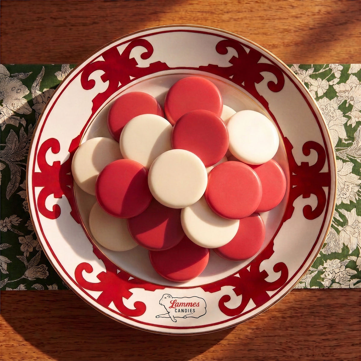 Christmas Sherbet Mints in red and white on a Lammes Candies holiday plate
