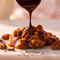 Milk chocolate pouring over a pecan praline
