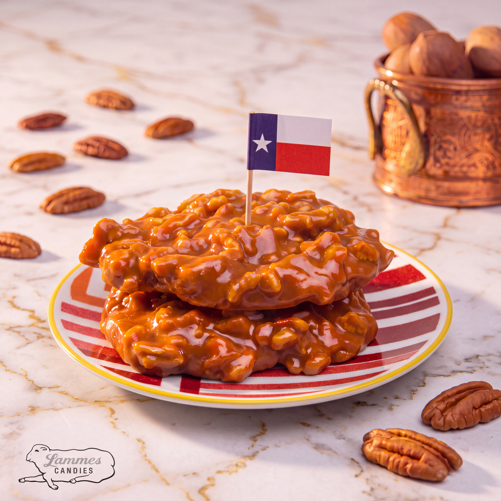 Two pecan pralines on a striped plate with a small Texas flag